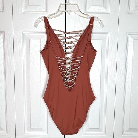 Bleu Rod Beattie Plunge One Piece Swimsuit Brown Gold - Picture 9 of 14